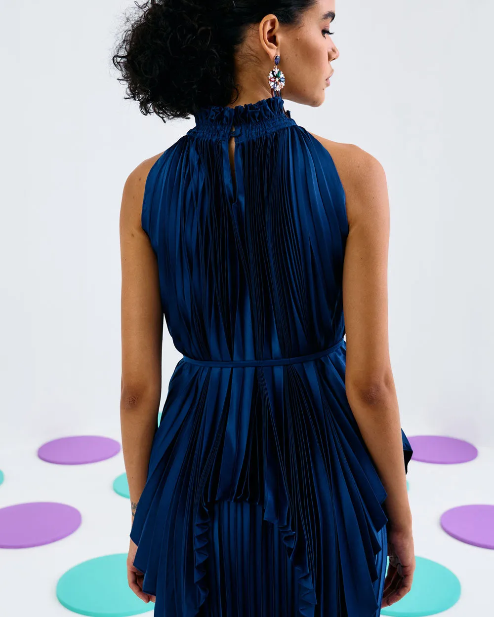 Blue Halter Pleated Top