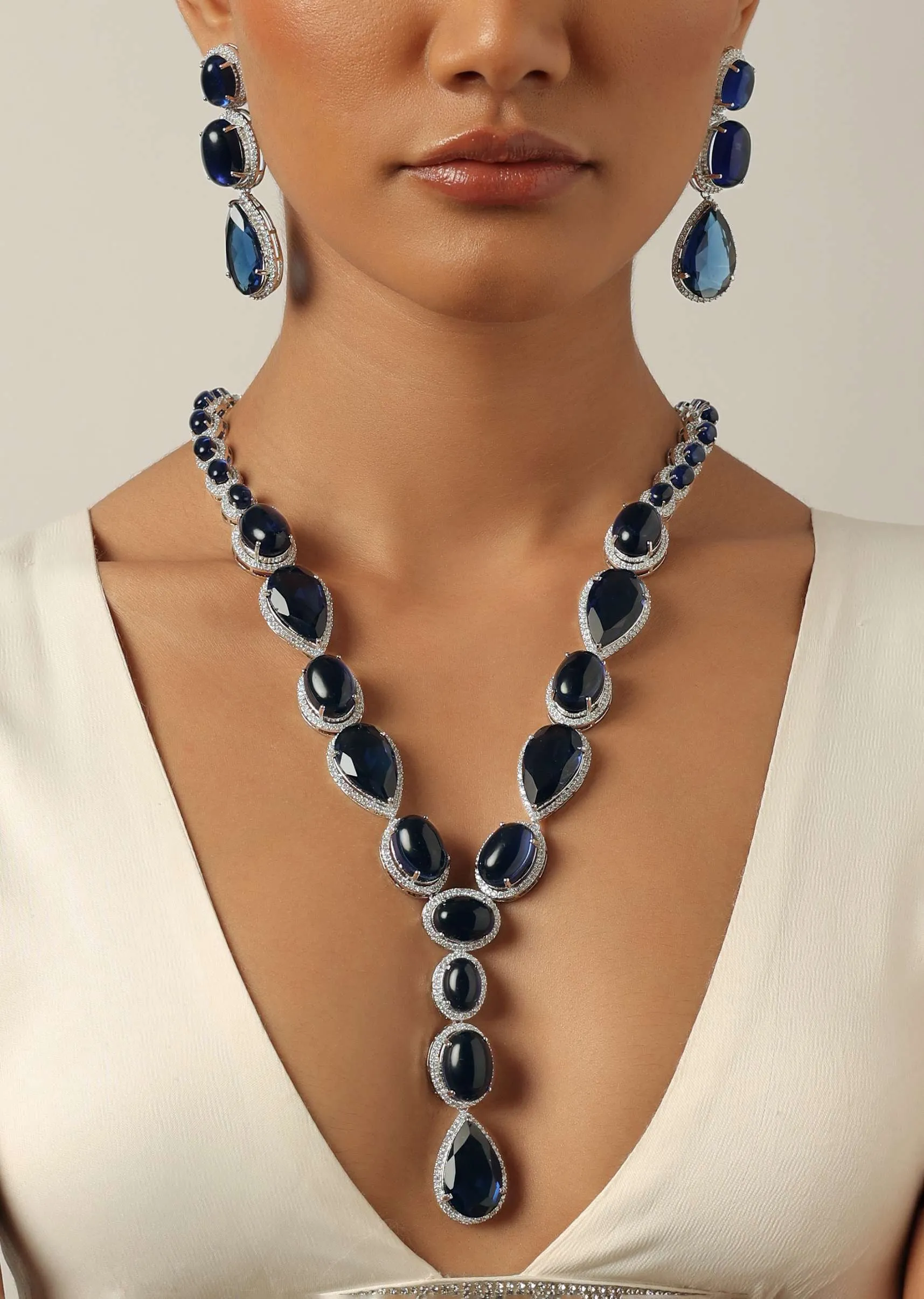 Blue Long Stone Studded Pendant Necklace With Danglers