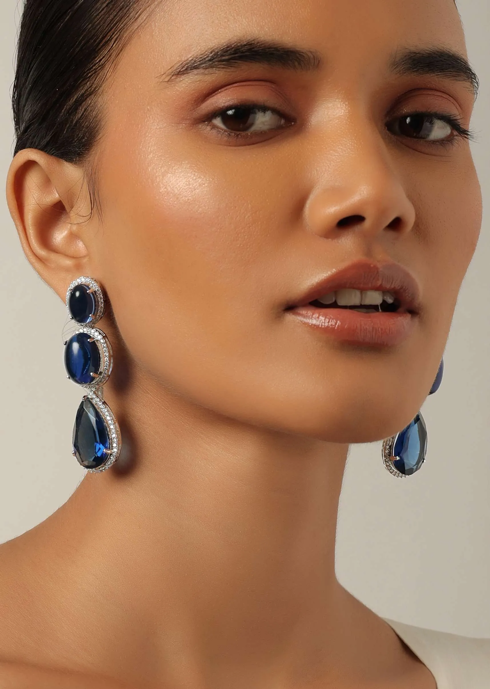 Blue Long Stone Studded Pendant Necklace With Danglers