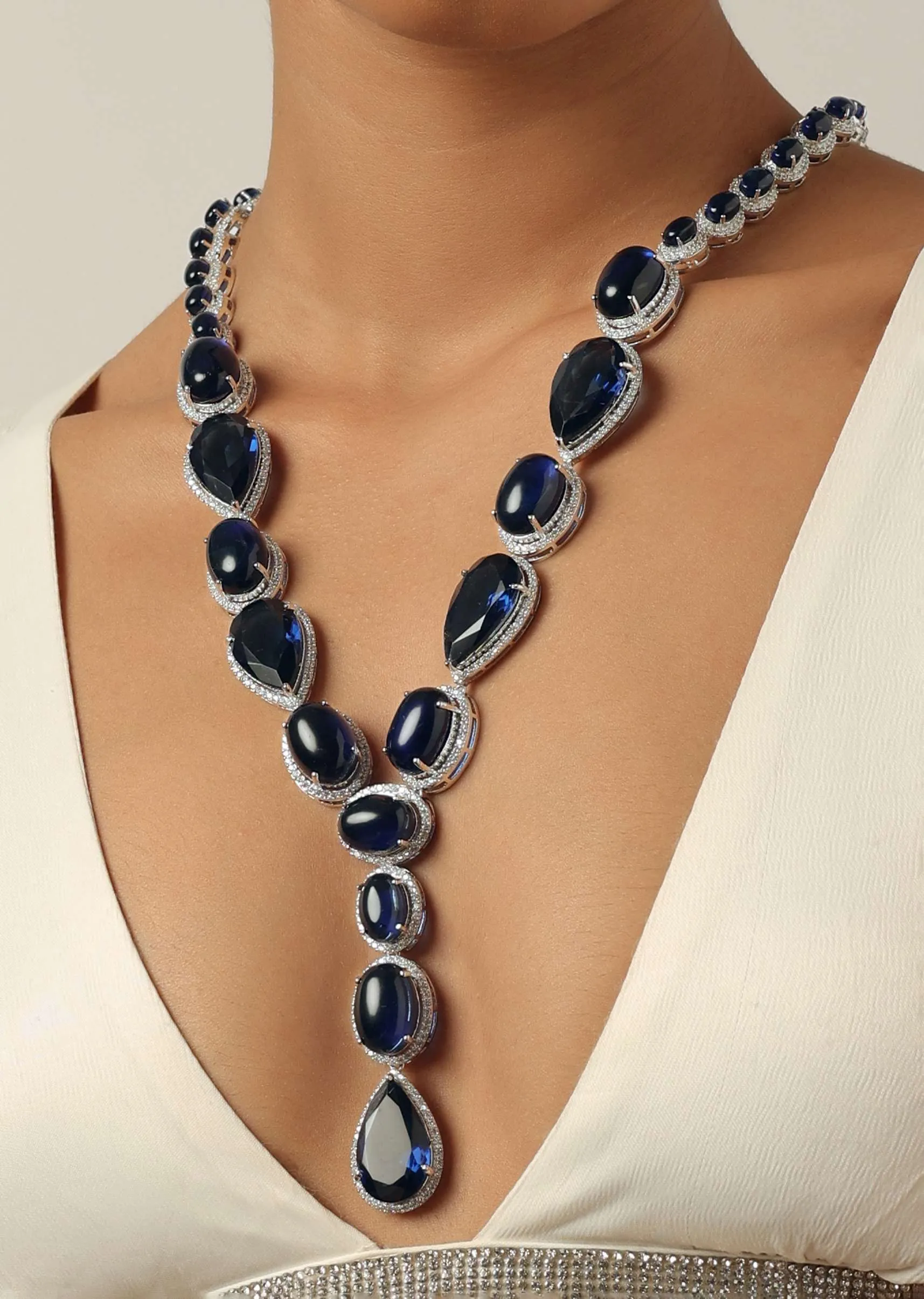 Blue Long Stone Studded Pendant Necklace With Danglers