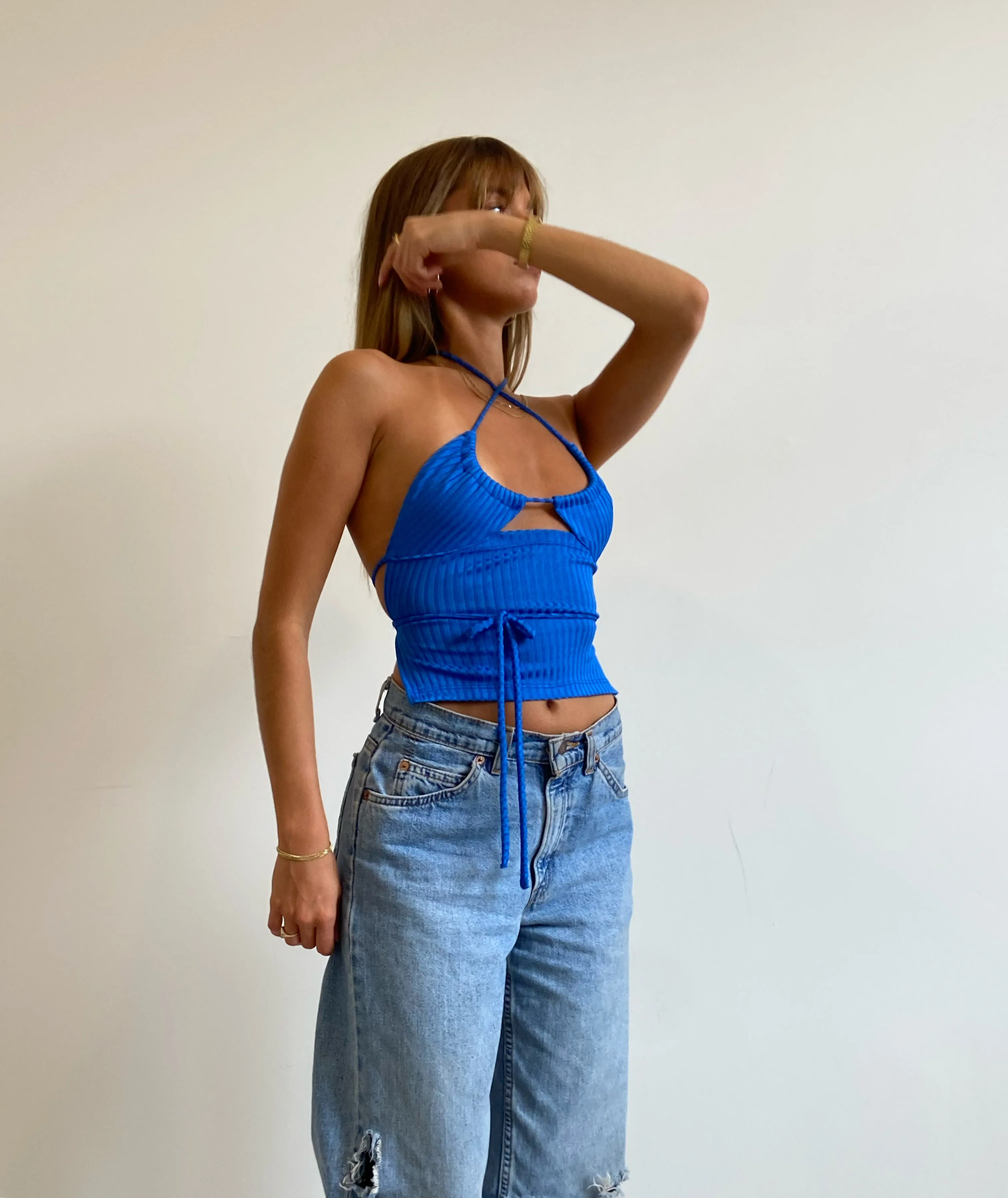 Blue Ribbed Bikini Tie Top