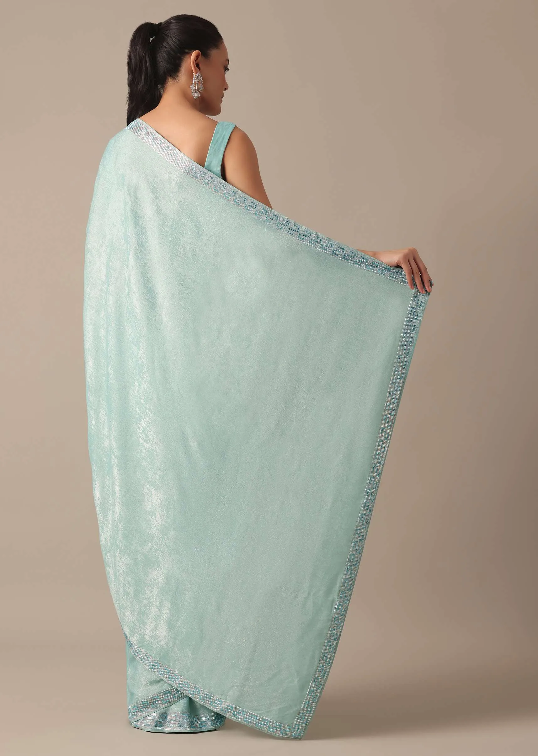 Blue Saree In Foil Georgette With Swarovski Work And Unstitched Blouse Piece