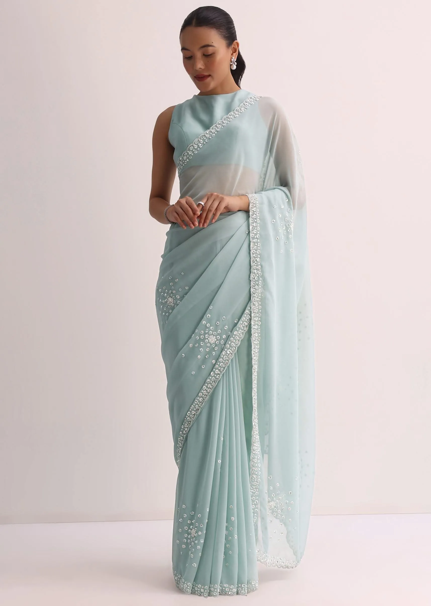 Blue Sequin Saree With Unstitched Blouse