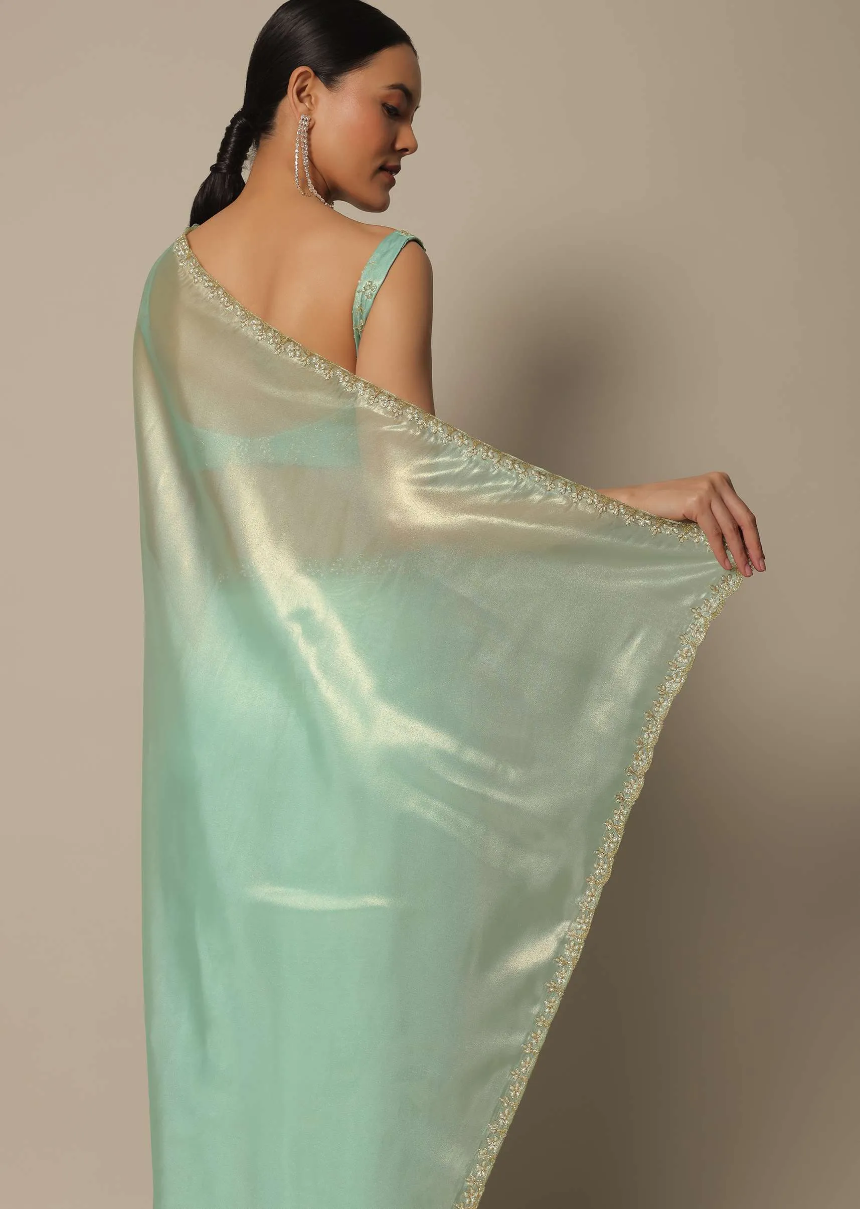 Blue Tissue Silk Saree With Cutdana Work And Unstitched Blouse Piece