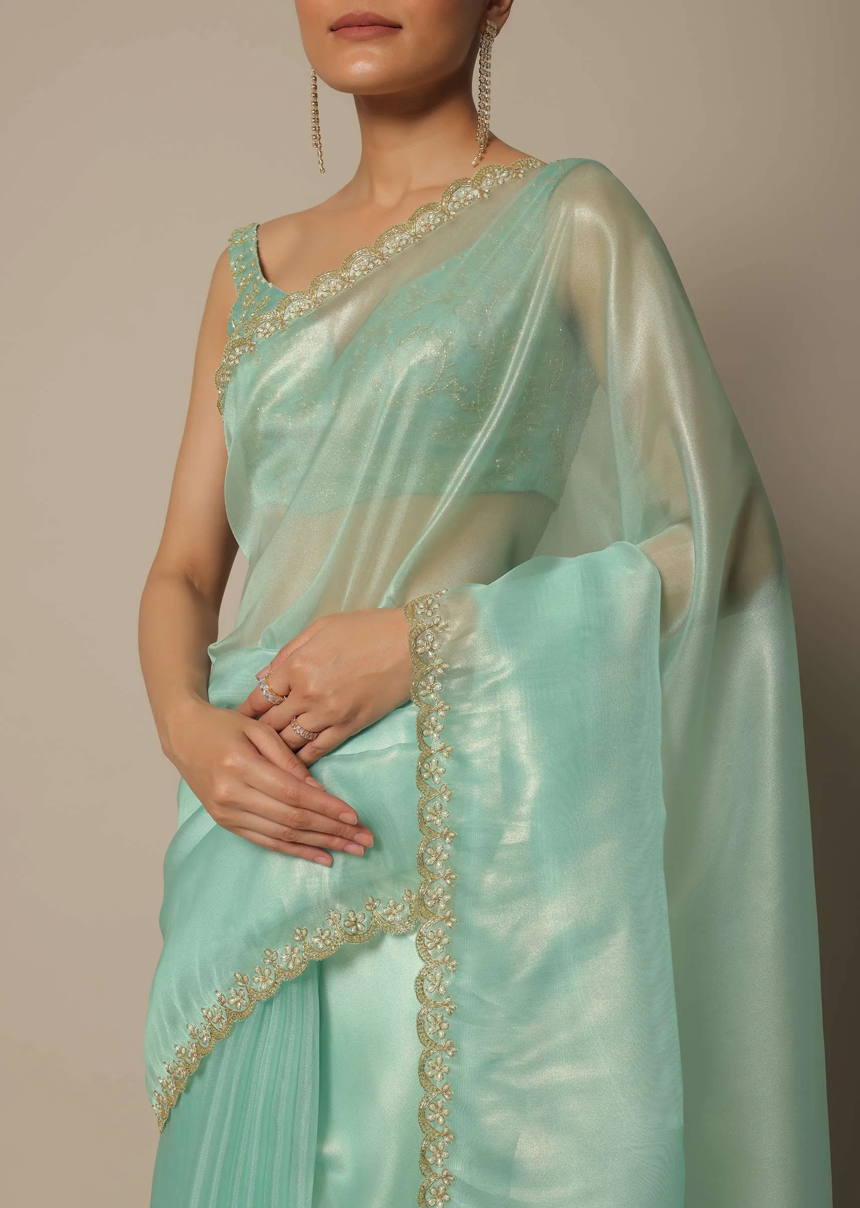 Blue Tissue Silk Saree With Cutdana Work And Unstitched Blouse Piece