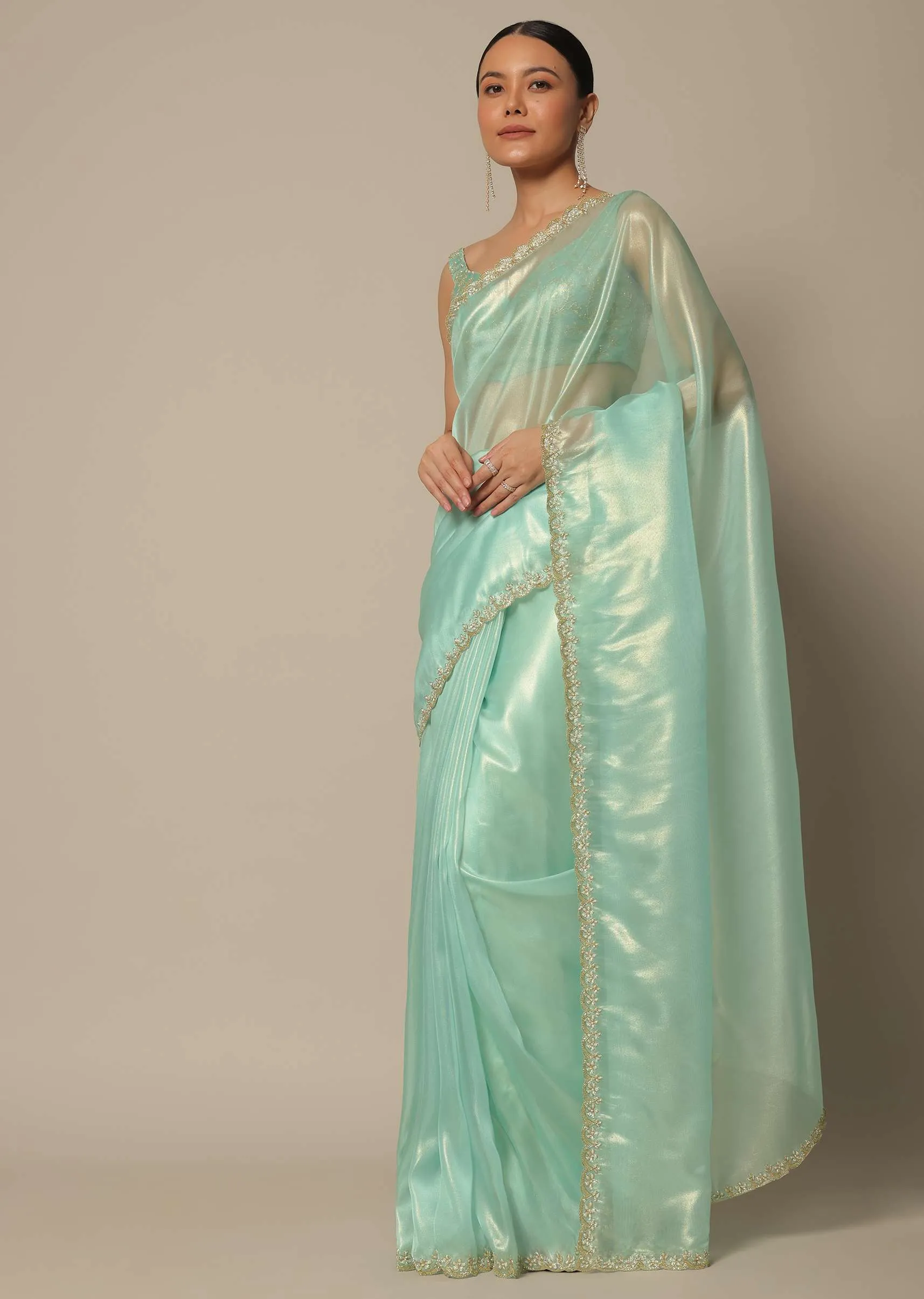 Blue Tissue Silk Saree With Cutdana Work And Unstitched Blouse Piece