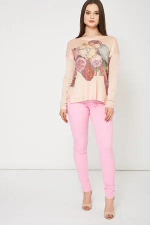 Blush Knitted Top With Floral Print