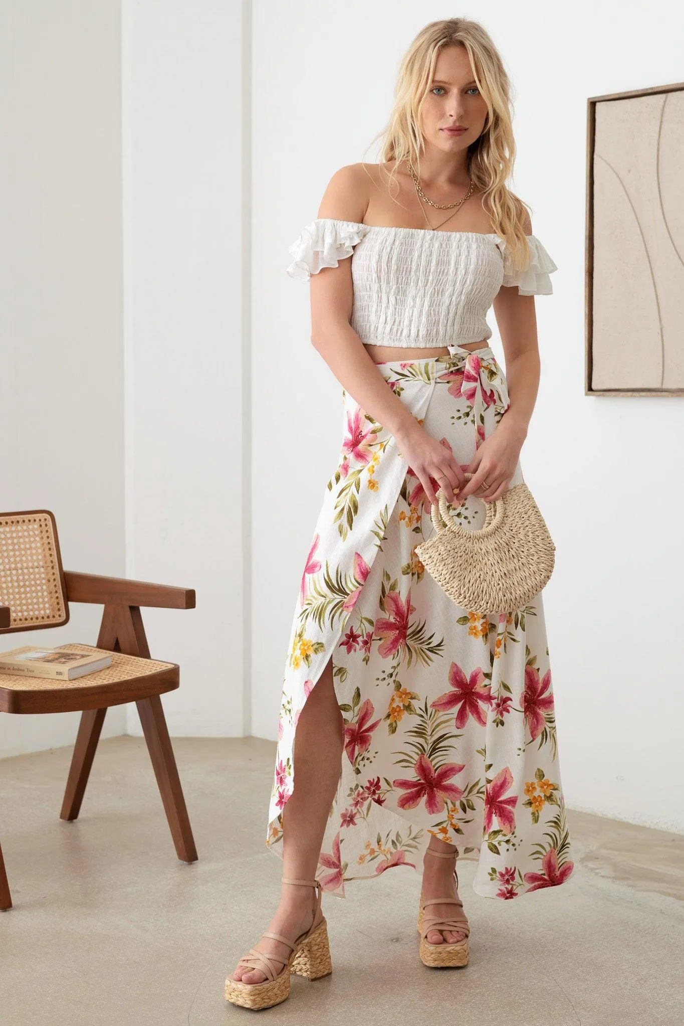 Boho Floral Side Tie Warp Maxi Skirt