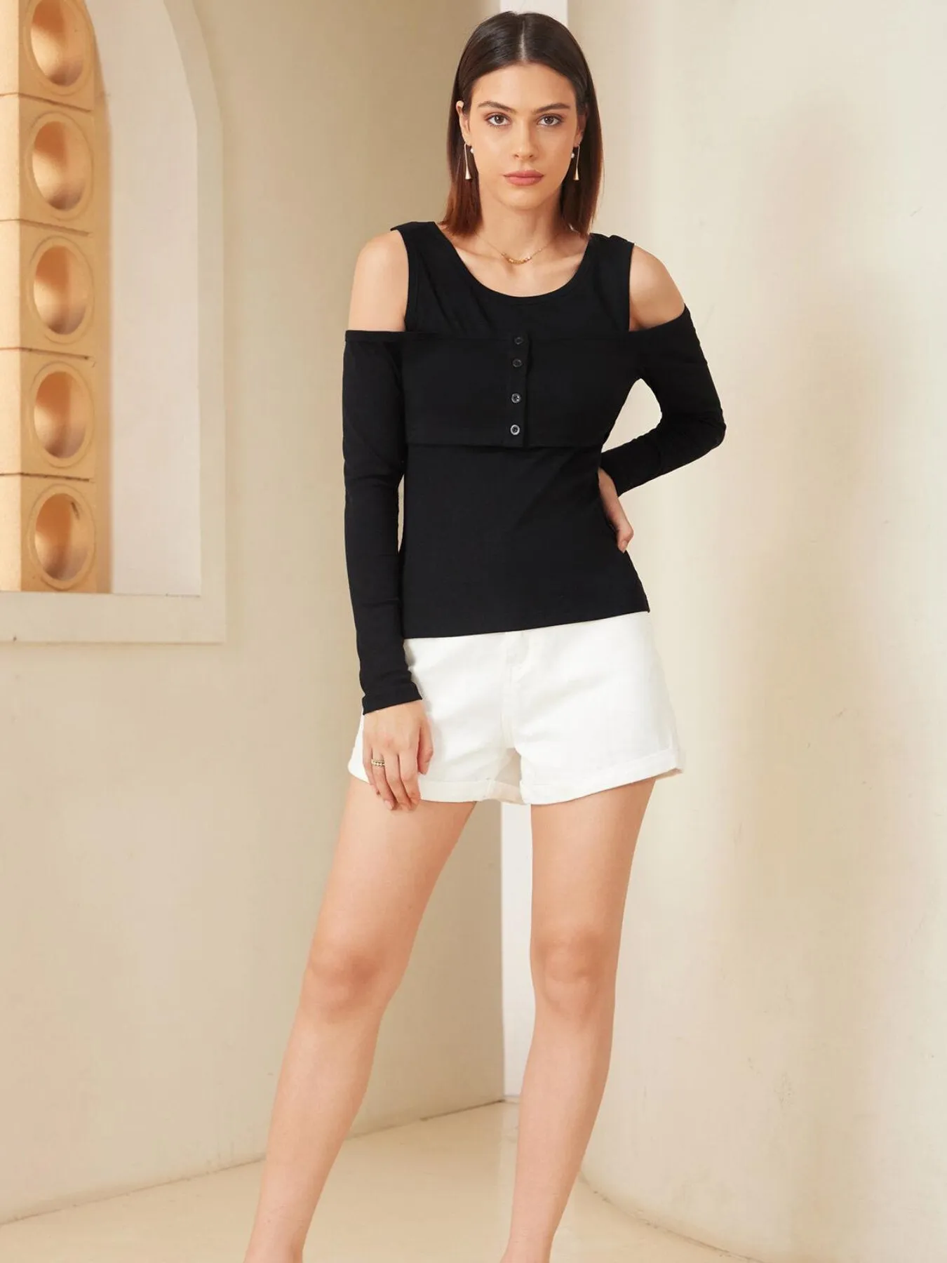 Button Front Cold Shoulder Top
