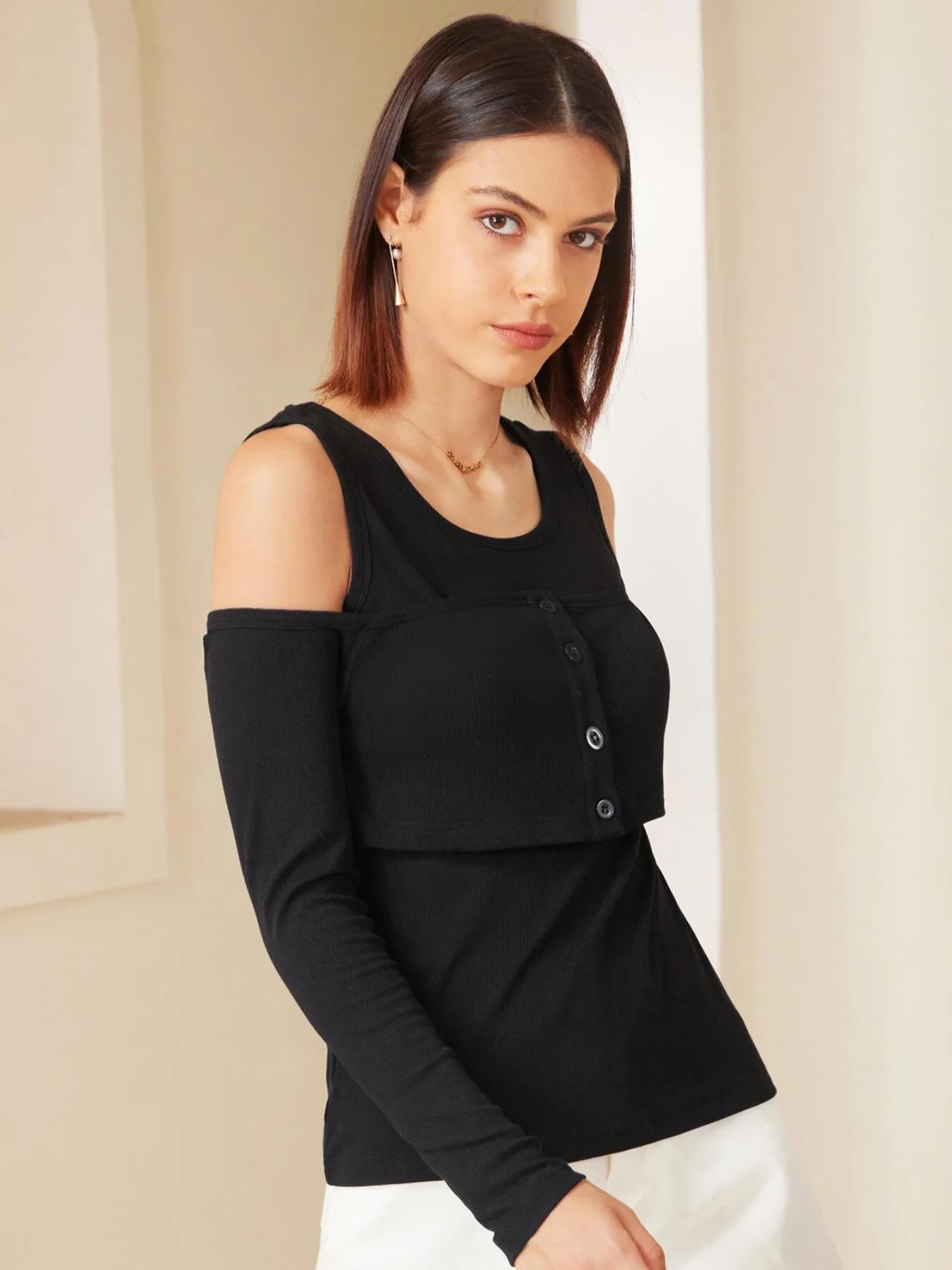 Button Front Cold Shoulder Top