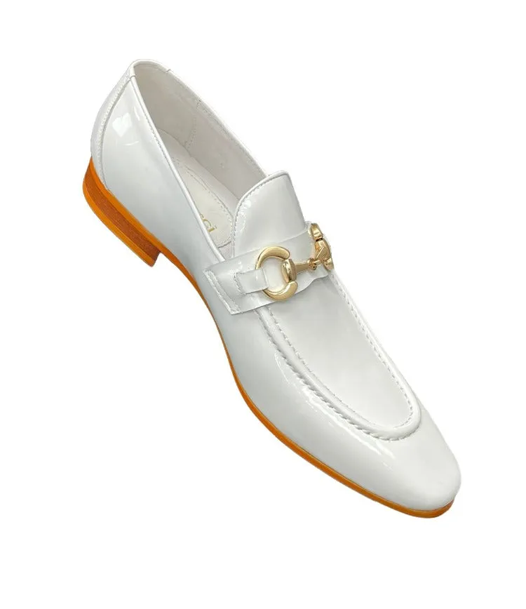 Carrucci White Shiny Patent Leather Men's Slip On Dress Shoes Gold  Buckle