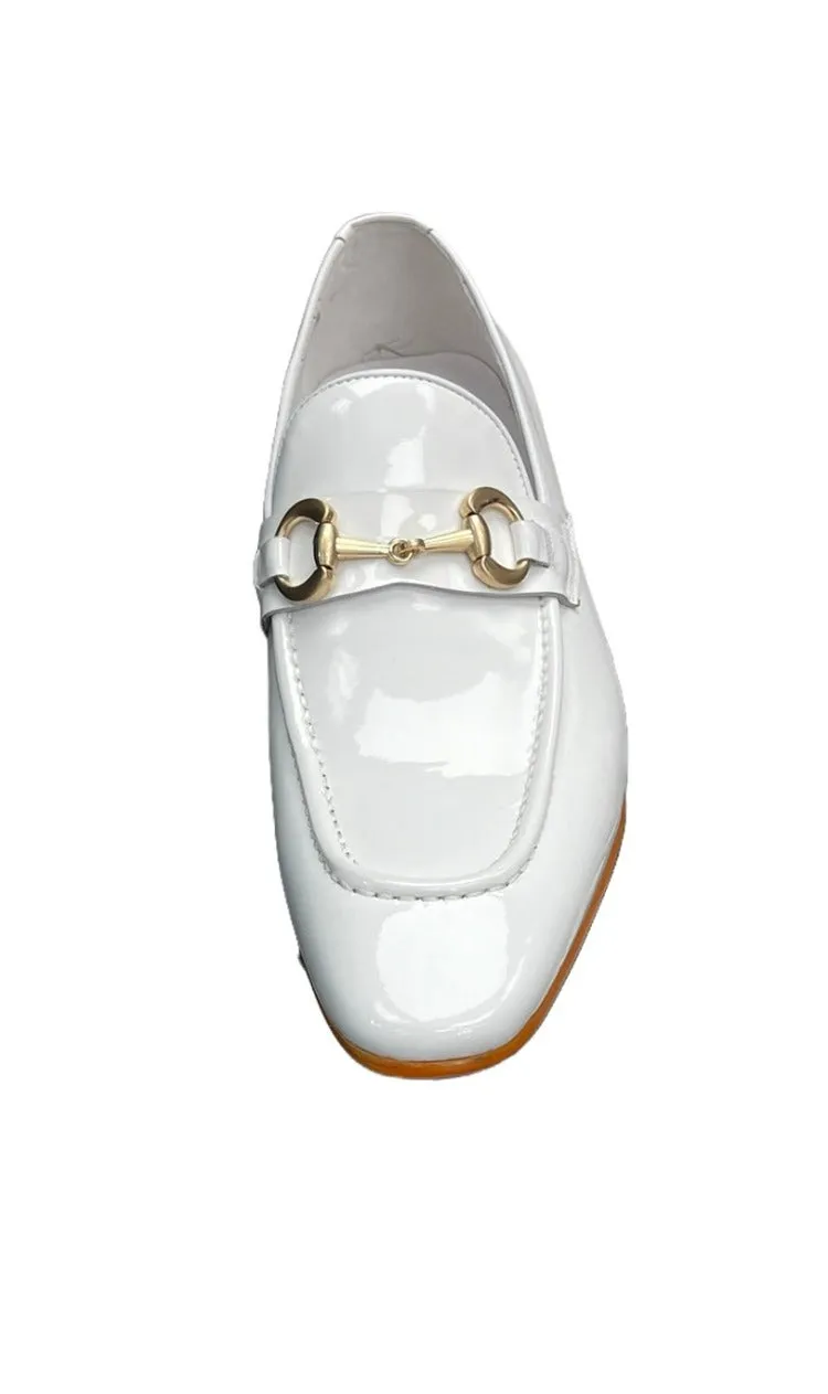 Carrucci White Shiny Patent Leather Men's Slip On Dress Shoes Gold  Buckle