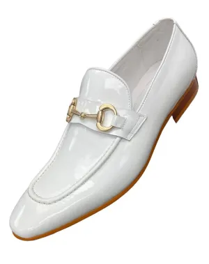 Carrucci White Shiny Patent Leather Men's Slip On Dress Shoes Gold  Buckle