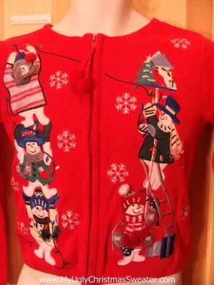 Child Size Red Ugly Christmas Sweater Stacked Snowmen