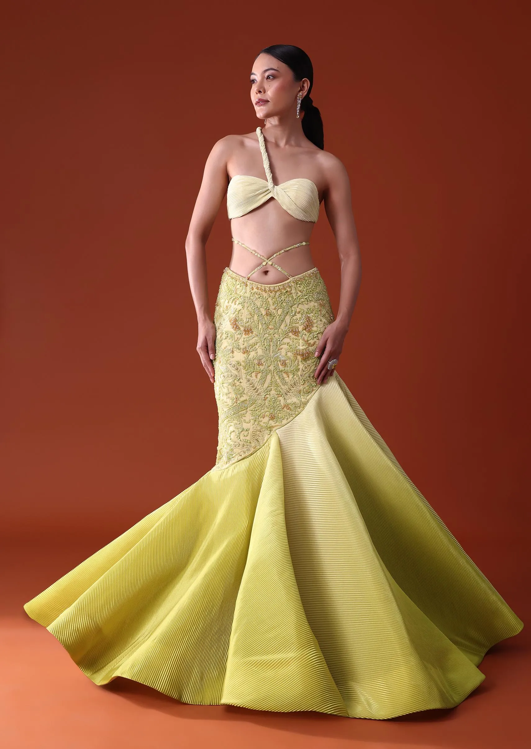 Citrus Green Pre Pleated Fish Cut Skirt And Choker Dupatta Set