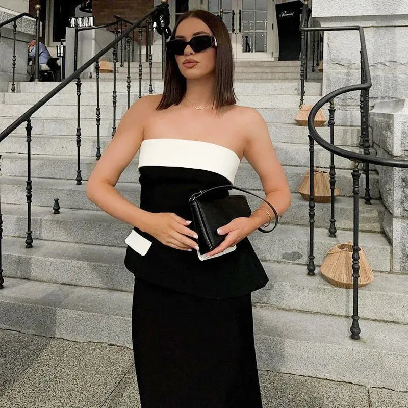 Contrast Mock Pocket Tube Top Trendy And Bodycon Maxi Skirt Set