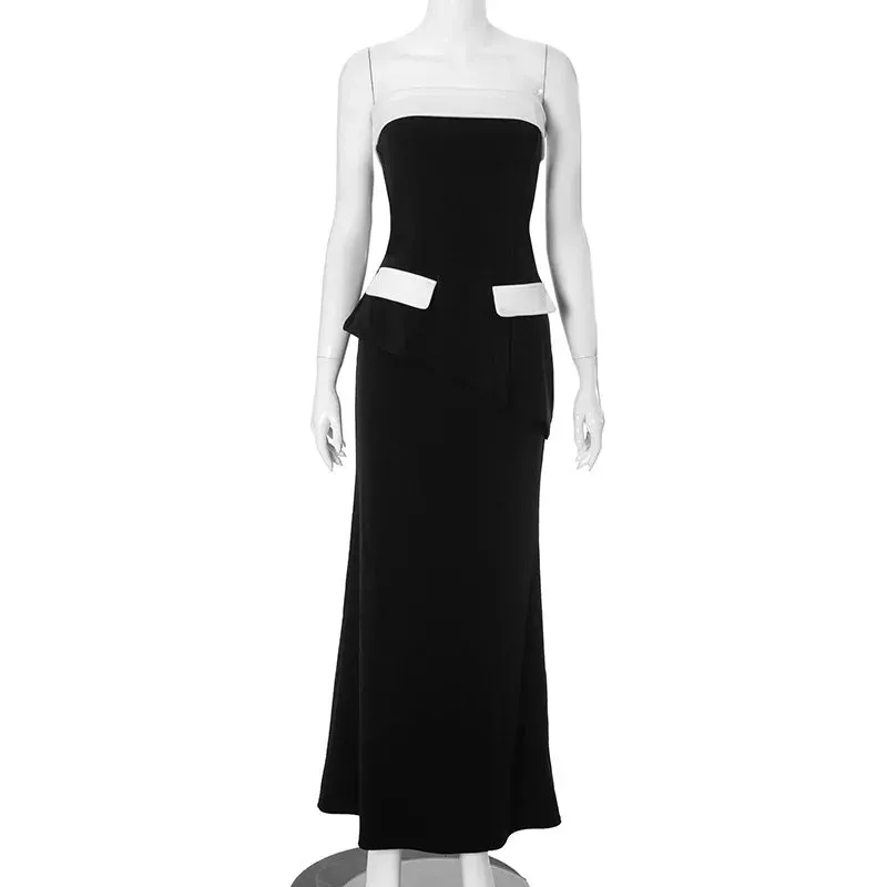 Contrast Mock Pocket Tube Top Trendy And Bodycon Maxi Skirt Set