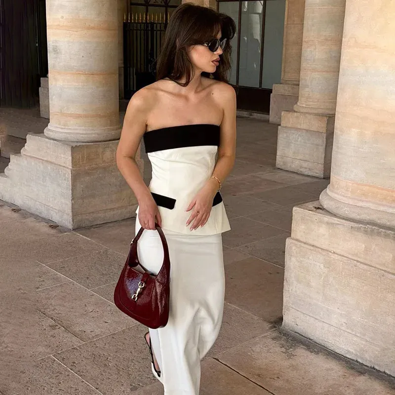 Contrast Mock Pocket Tube Top Trendy And Bodycon Maxi Skirt Set