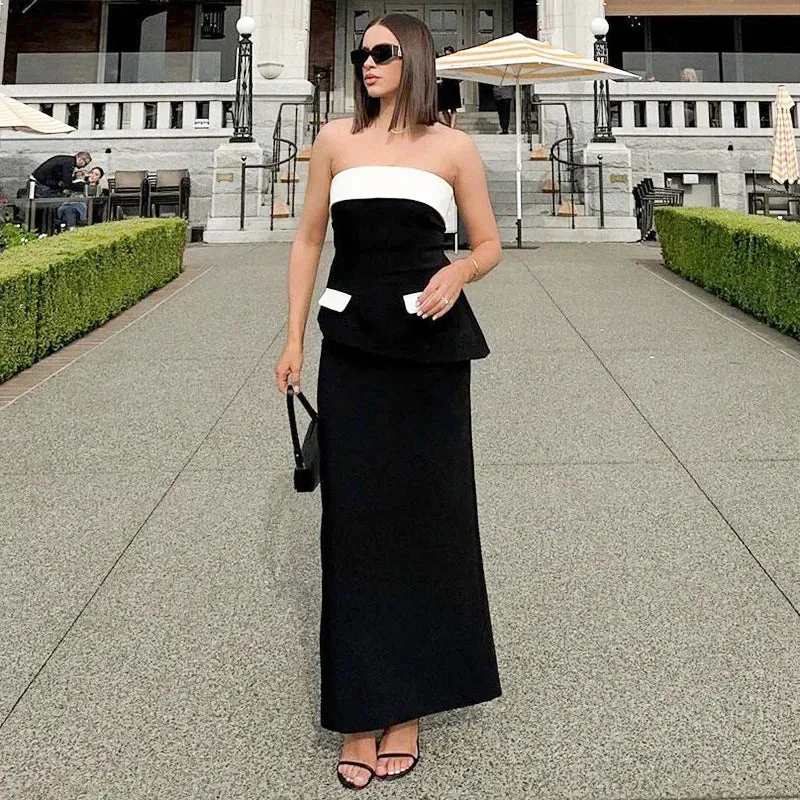Contrast Mock Pocket Tube Top Trendy And Bodycon Maxi Skirt Set