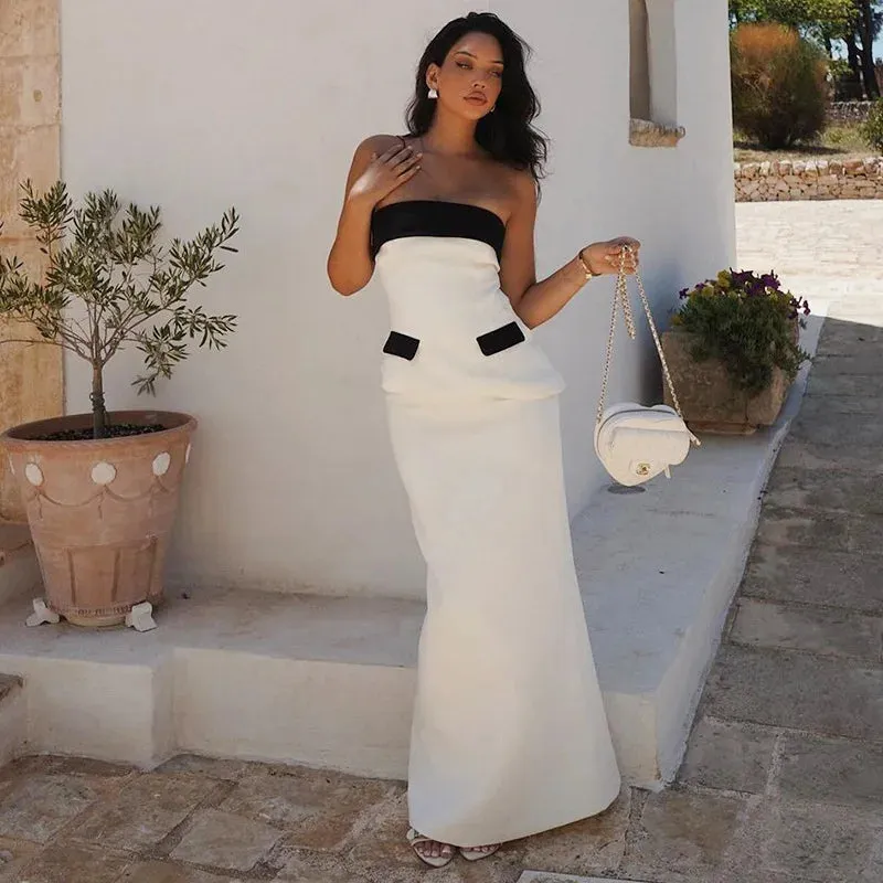 Contrast Mock Pocket Tube Top Trendy And Bodycon Maxi Skirt Set