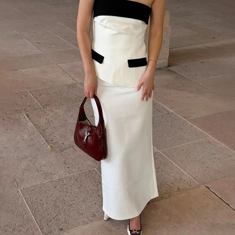 Contrast Mock Pocket Tube Top Trendy And Bodycon Maxi Skirt Set