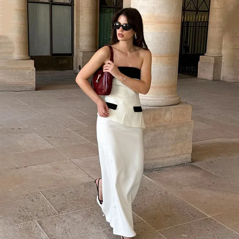 Contrast Mock Pocket Tube Top Trendy And Bodycon Maxi Skirt Set