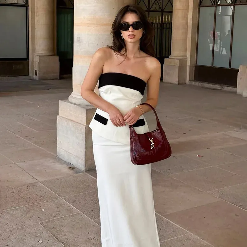 Contrast Mock Pocket Tube Top Trendy And Bodycon Maxi Skirt Set