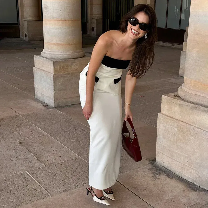 Contrast Mock Pocket Tube Top Trendy And Bodycon Maxi Skirt Set