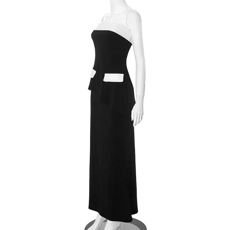 Contrast Mock Pocket Tube Top Trendy And Bodycon Maxi Skirt Set