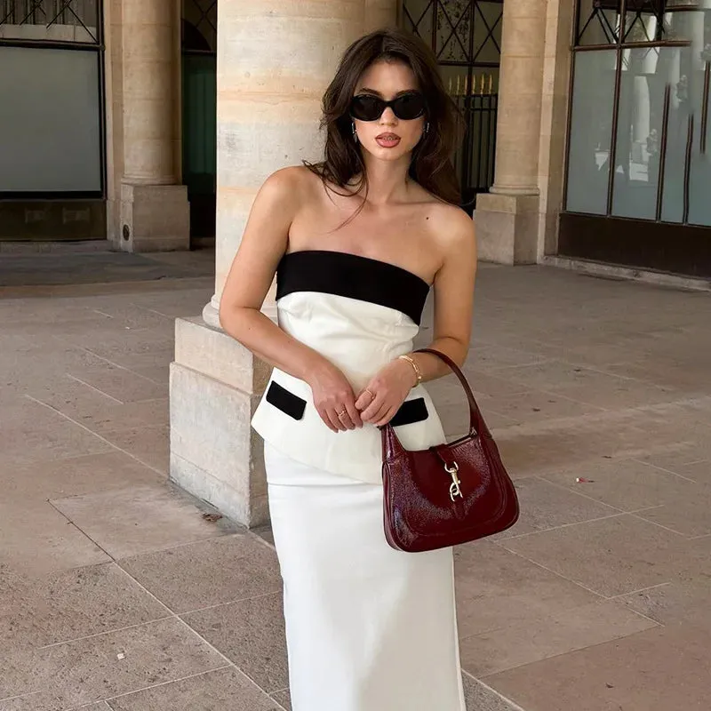 Contrast Mock Pocket Tube Top Trendy And Bodycon Maxi Skirt Set