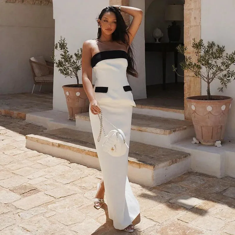 Contrast Mock Pocket Tube Top Trendy And Bodycon Maxi Skirt Set