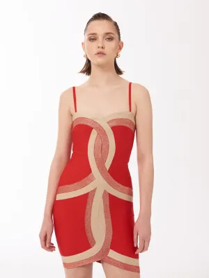 Contrast Panel Bandage Mini Dress in Red and Gold