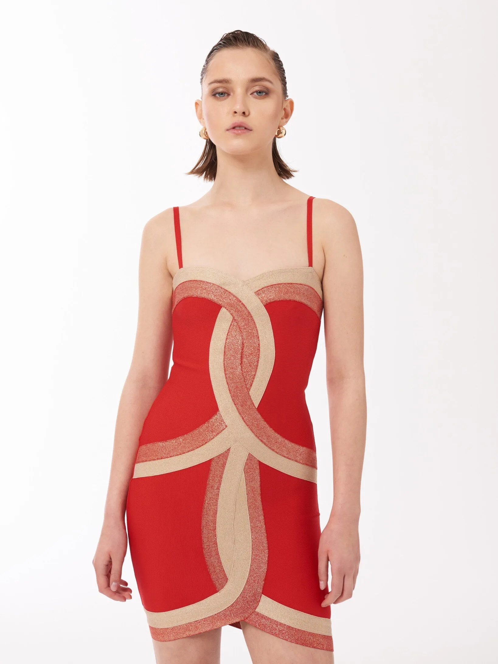 Contrast Panel Bandage Mini Dress in Red and Gold