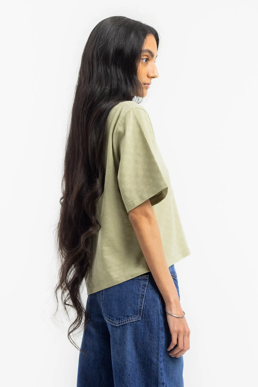 cropped tonal check t-shirt - seafoam green