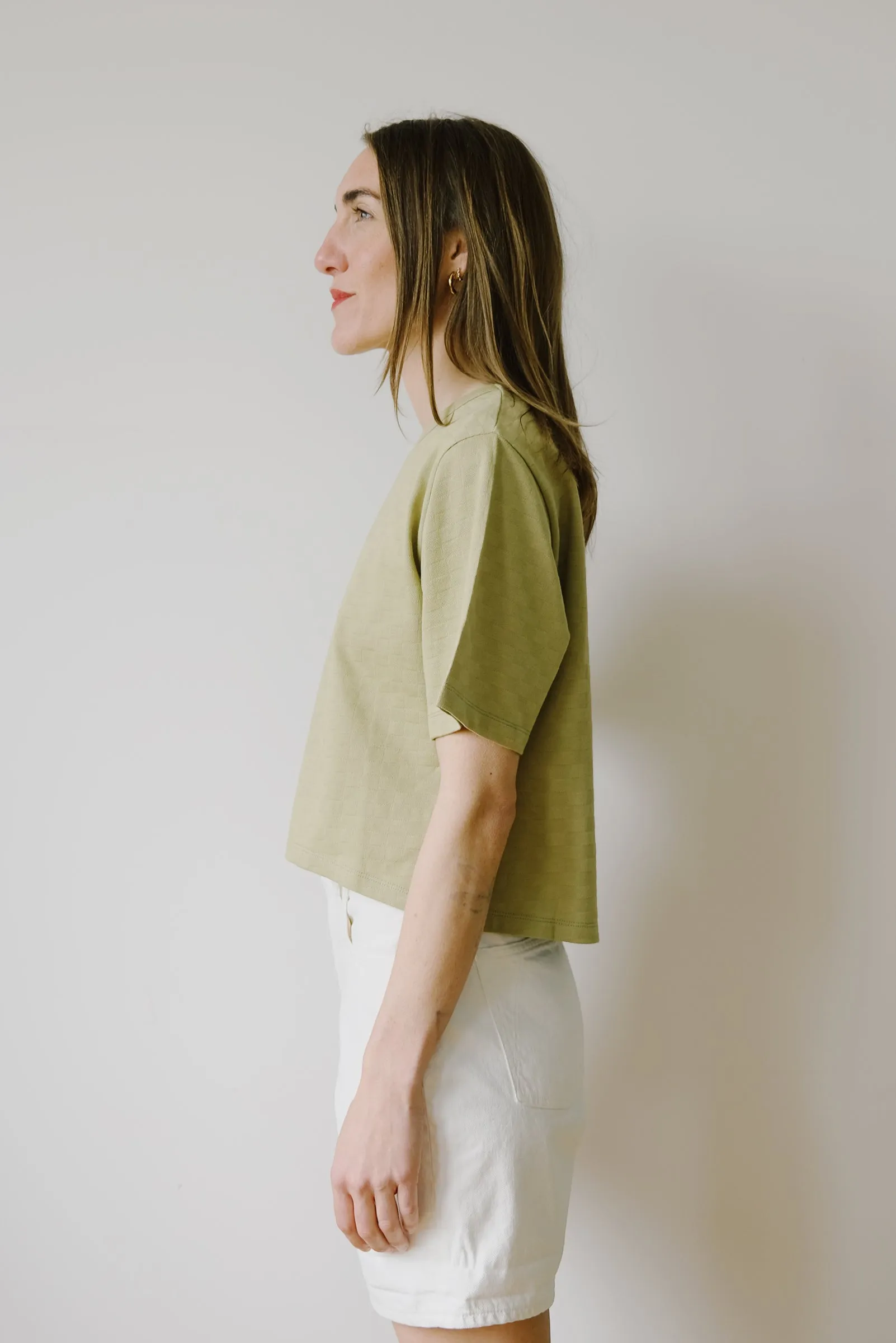 cropped tonal check t-shirt - seafoam green
