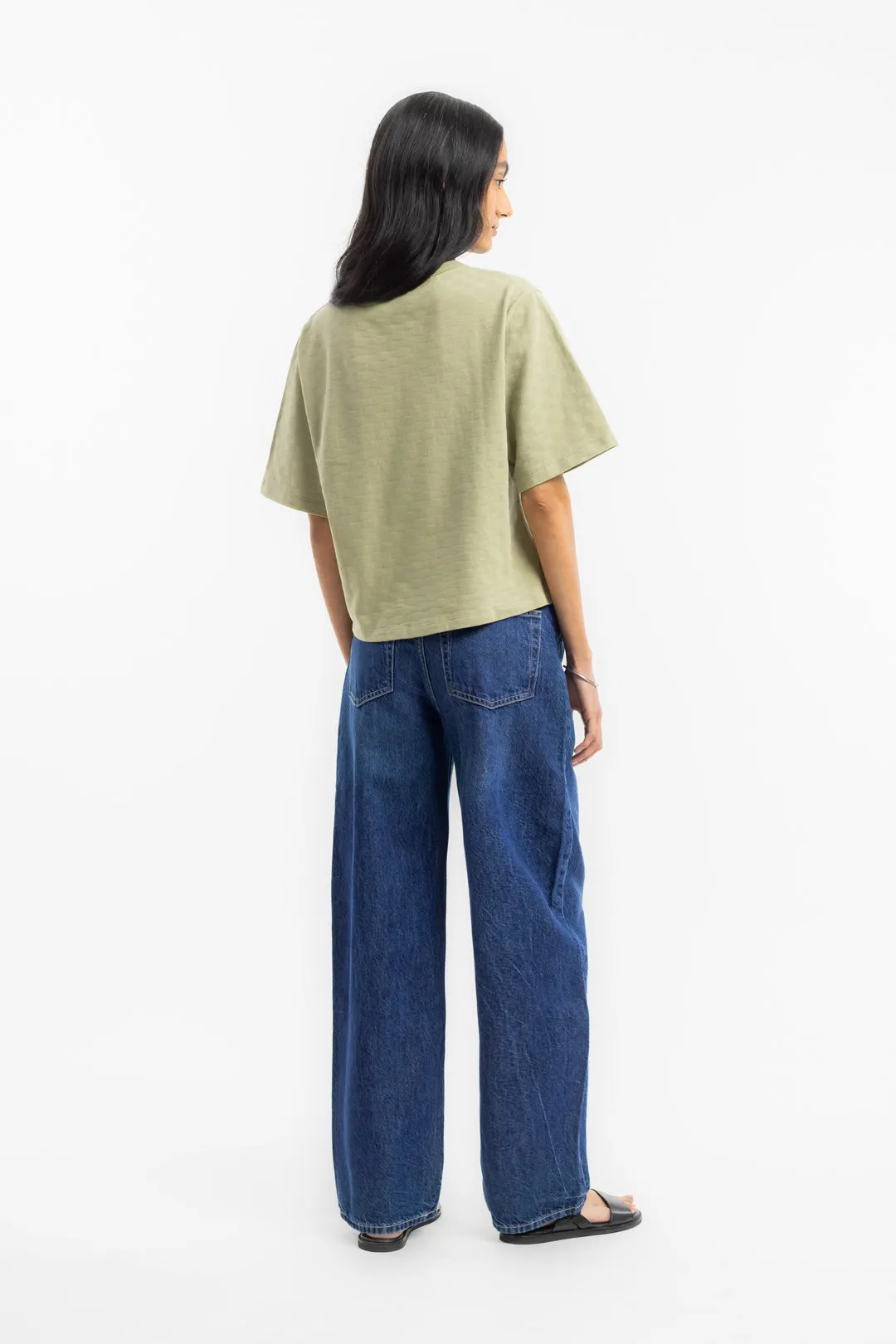 cropped tonal check t-shirt - seafoam green