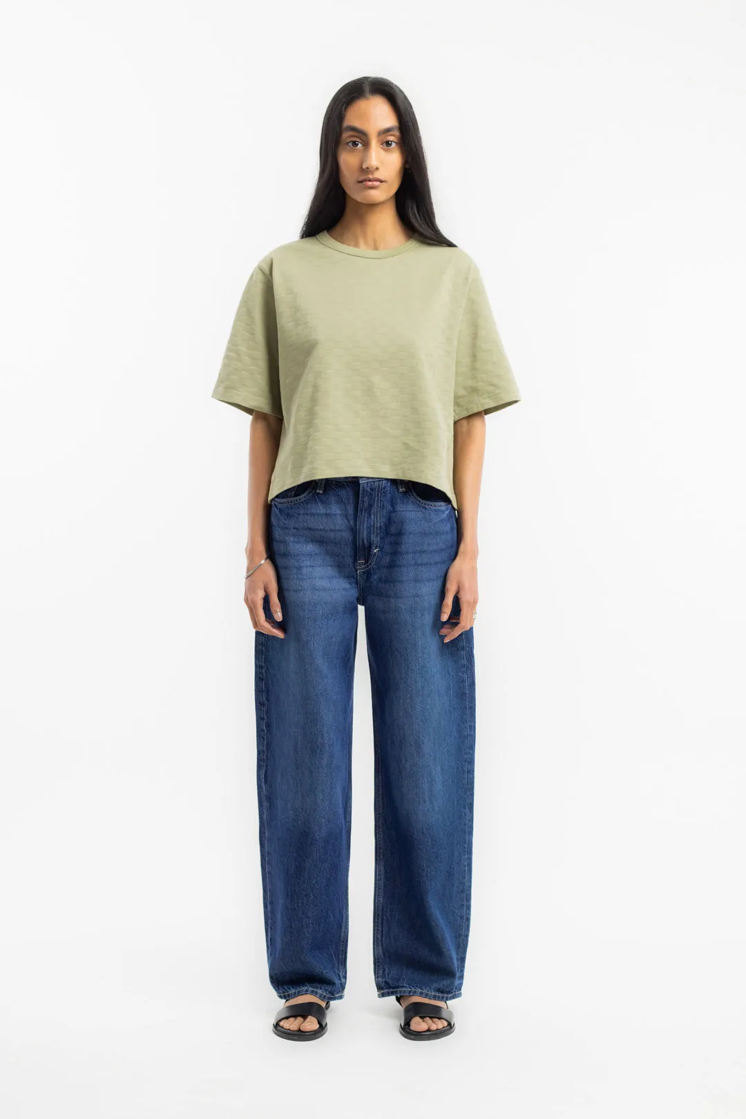 cropped tonal check t-shirt - seafoam green