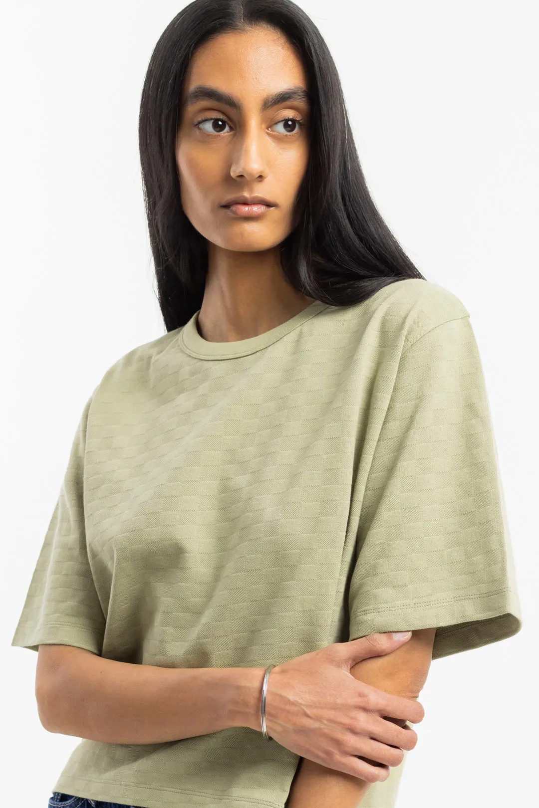 cropped tonal check t-shirt - seafoam green