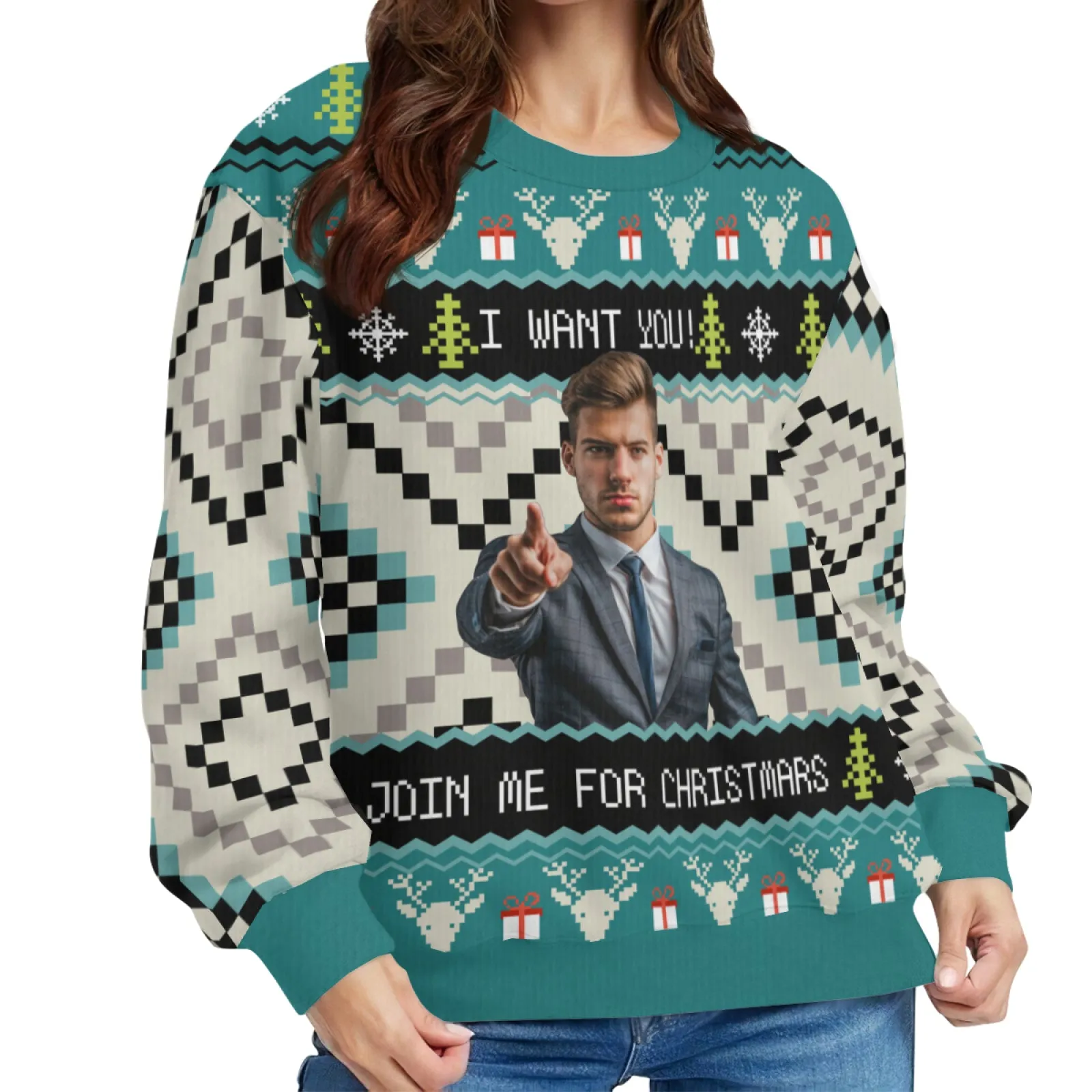 Custom Face "I Want You" Unisex Sweater for Men Women Christmas Ugly Sweater Xmas Party Personalized Photo Ugly Sweater