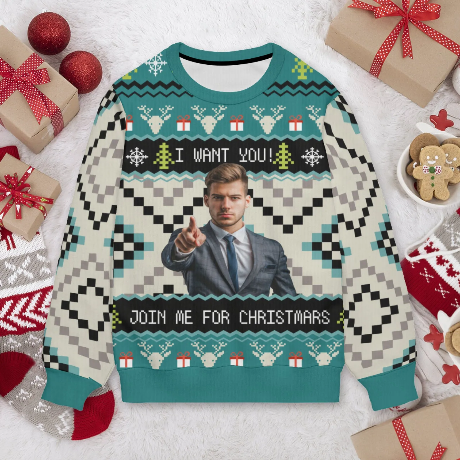 Custom Face "I Want You" Unisex Sweater for Men Women Christmas Ugly Sweater Xmas Party Personalized Photo Ugly Sweater
