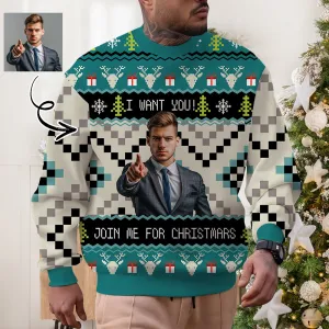 Custom Face "I Want You" Unisex Sweater for Men Women Christmas Ugly Sweater Xmas Party Personalized Photo Ugly Sweater