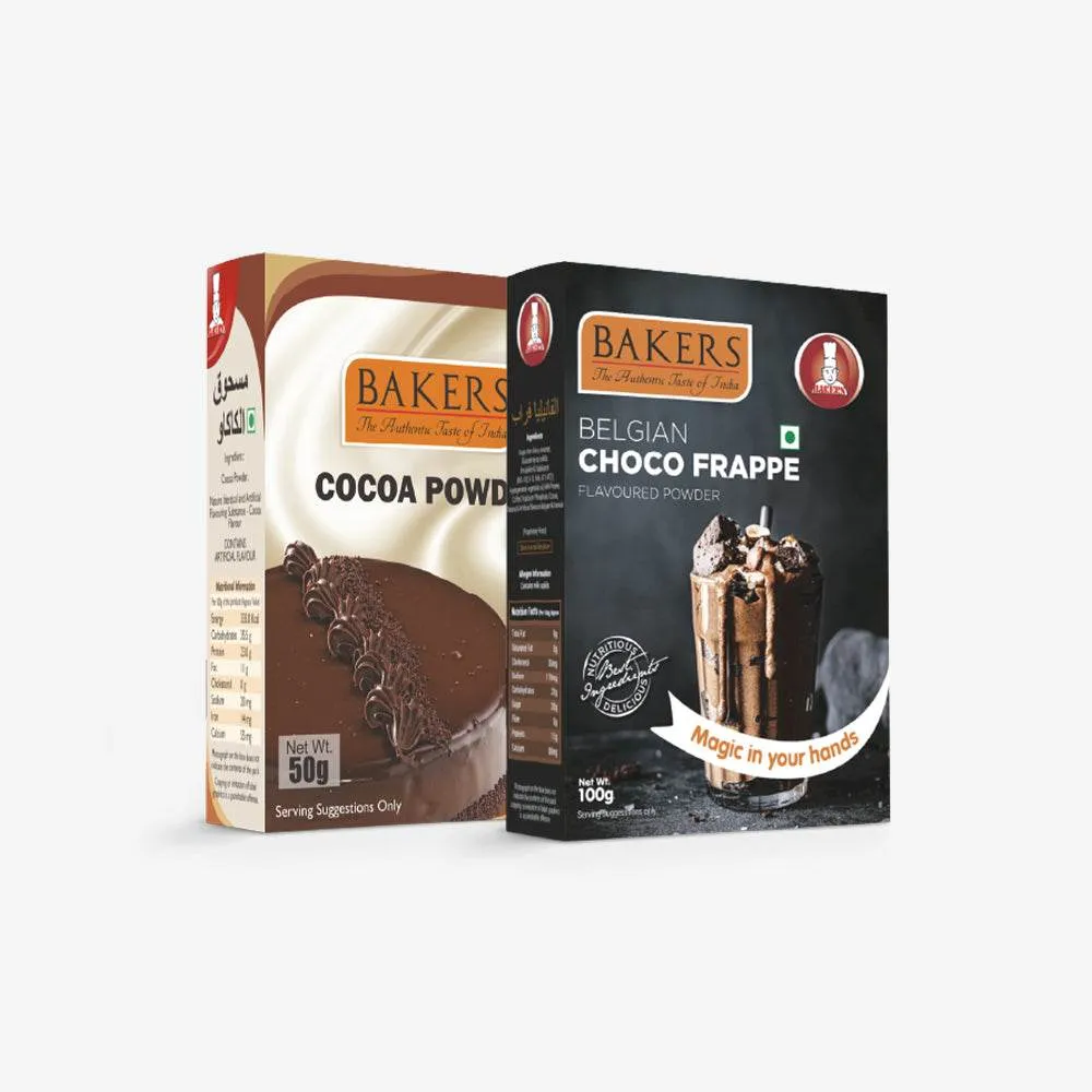 DOUBLE DELIGHT PACK 3 - BAKERS Cocoa Powder 50 gm   BAKERS Belgian Choco Frappe Powder 100g