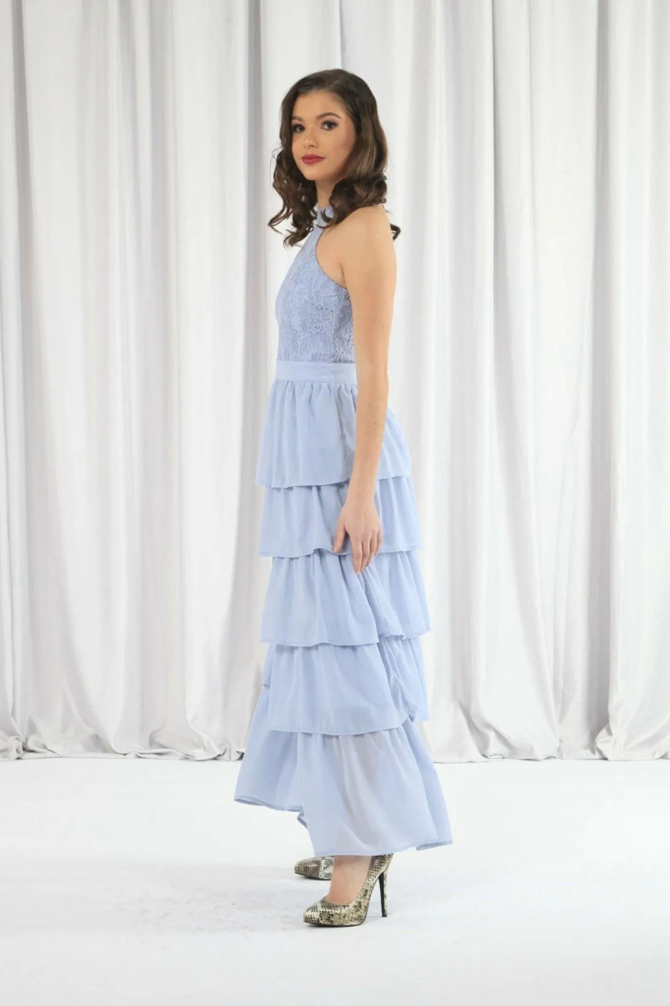 Double Second Light Blue Tiered Bridesmaid Dress