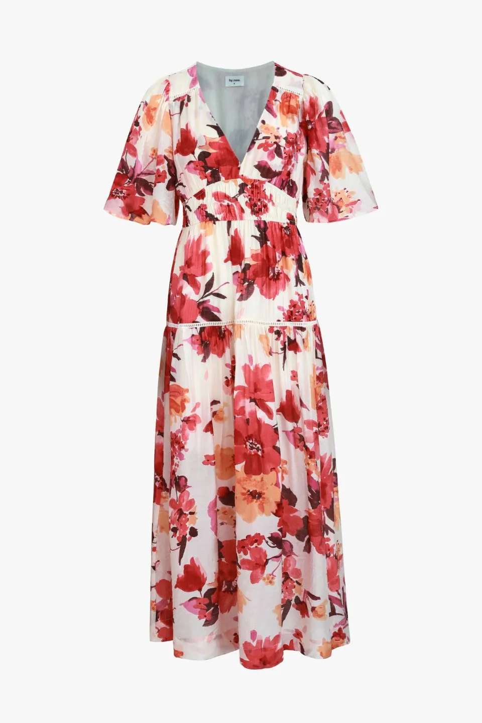 Fluent Vintage Blush Floral Flutter Sleeve Tiered Maxi Dress