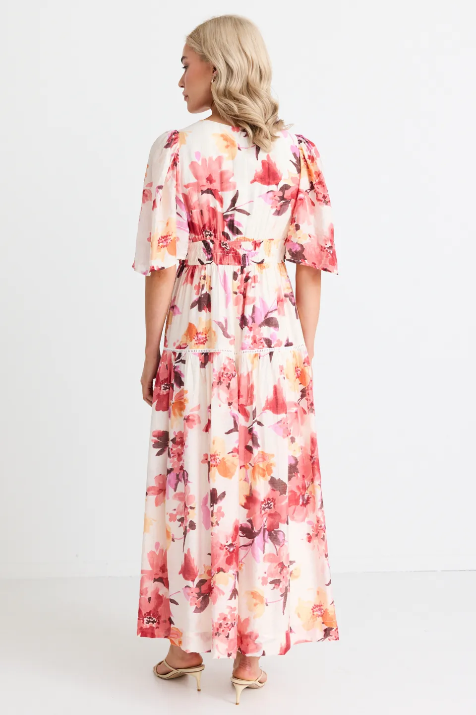 Fluent Vintage Blush Floral Flutter Sleeve Tiered Maxi Dress