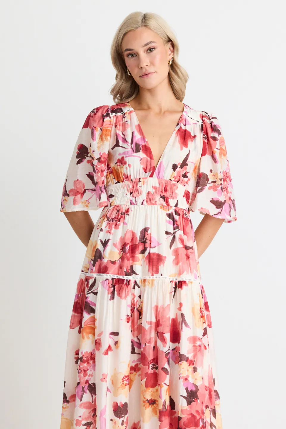 Fluent Vintage Blush Floral Flutter Sleeve Tiered Maxi Dress