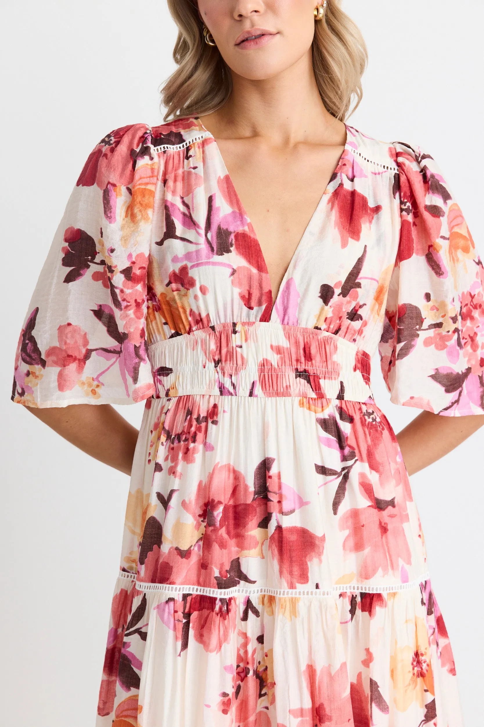 Fluent Vintage Blush Floral Flutter Sleeve Tiered Maxi Dress