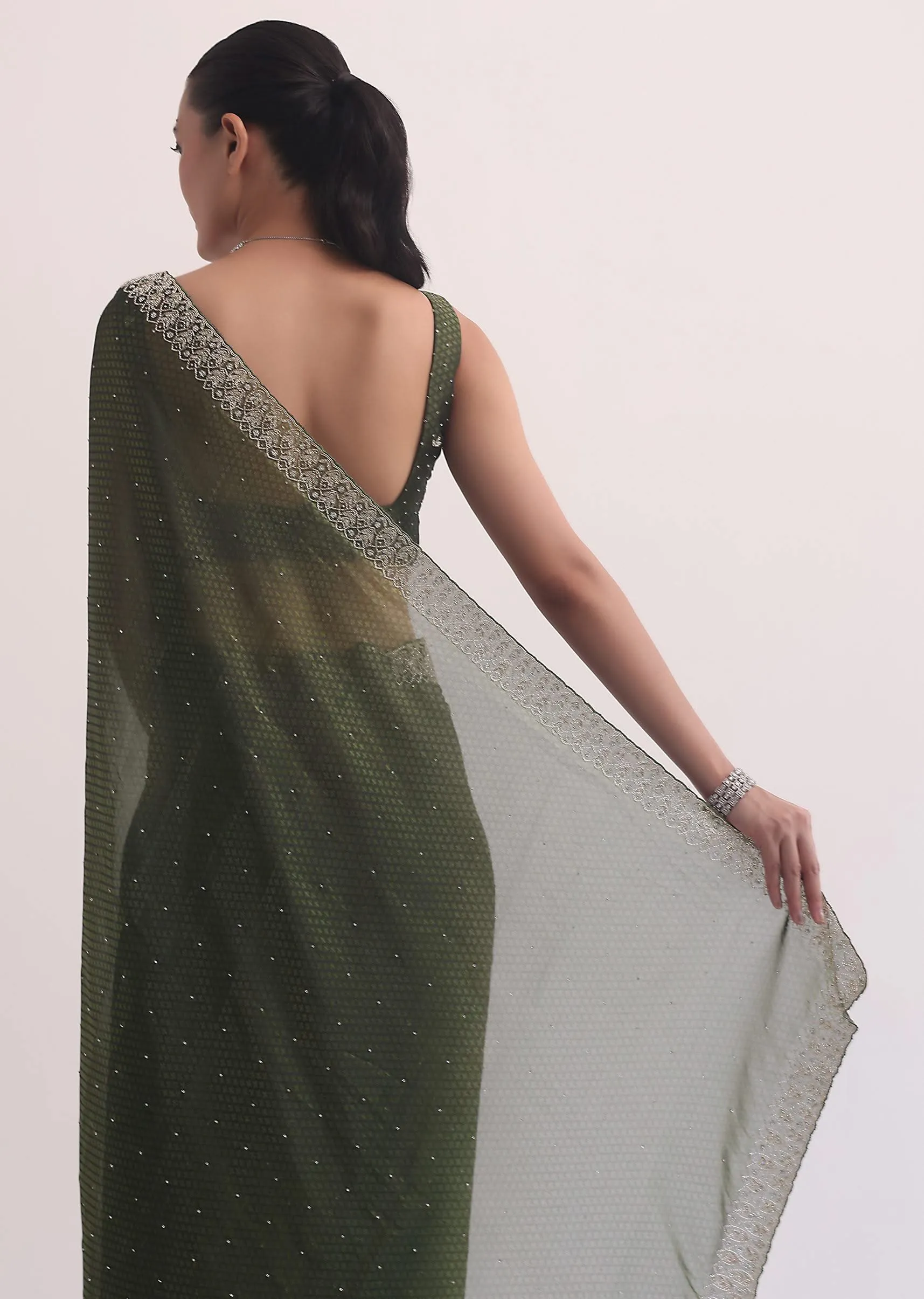 Forest Green Jacquard Saree In Cutdana Embroidery With Unstitched Blouse