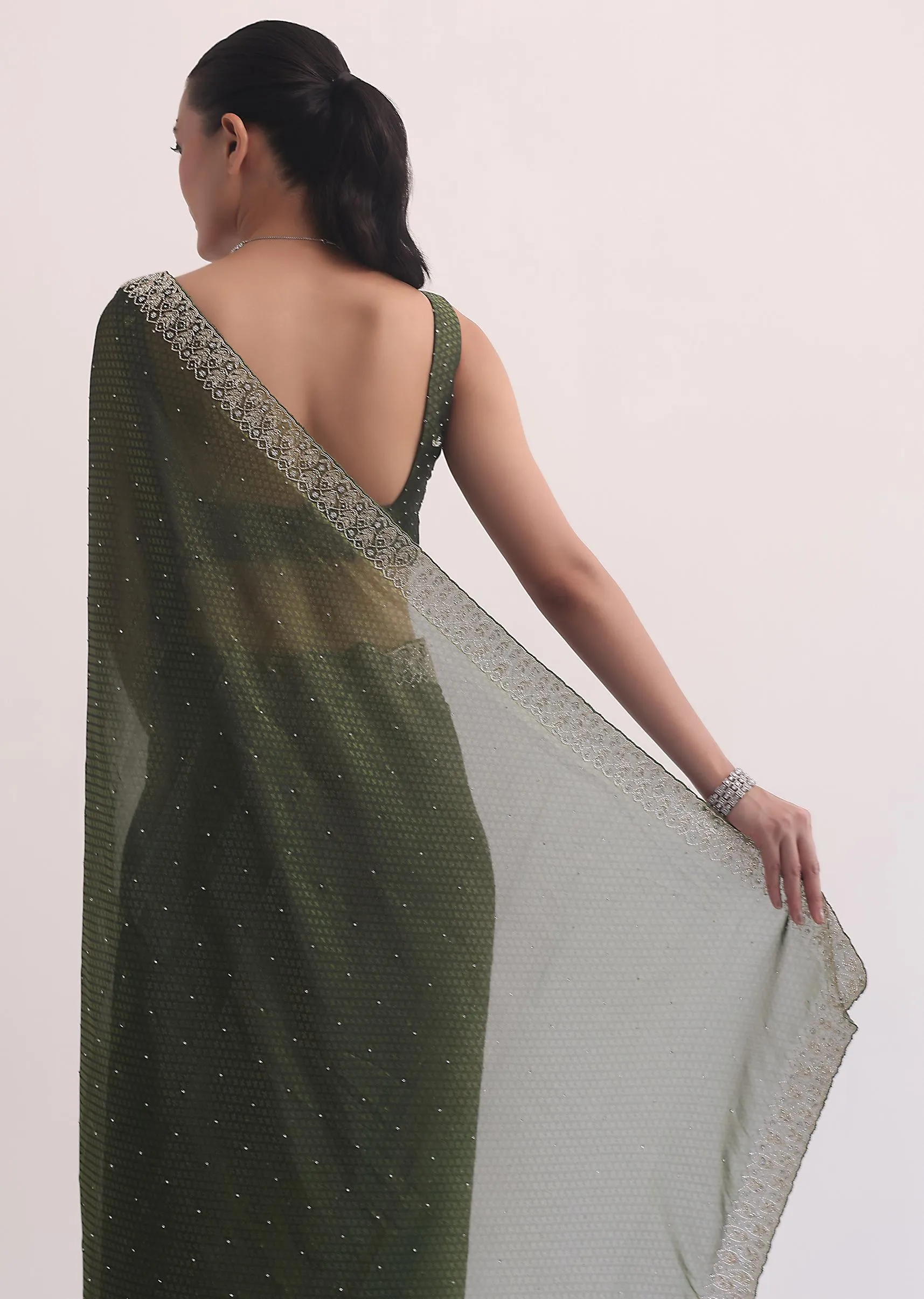 Forest Green Jacquard Saree In Cutdana Embroidery With Unstitched Blouse