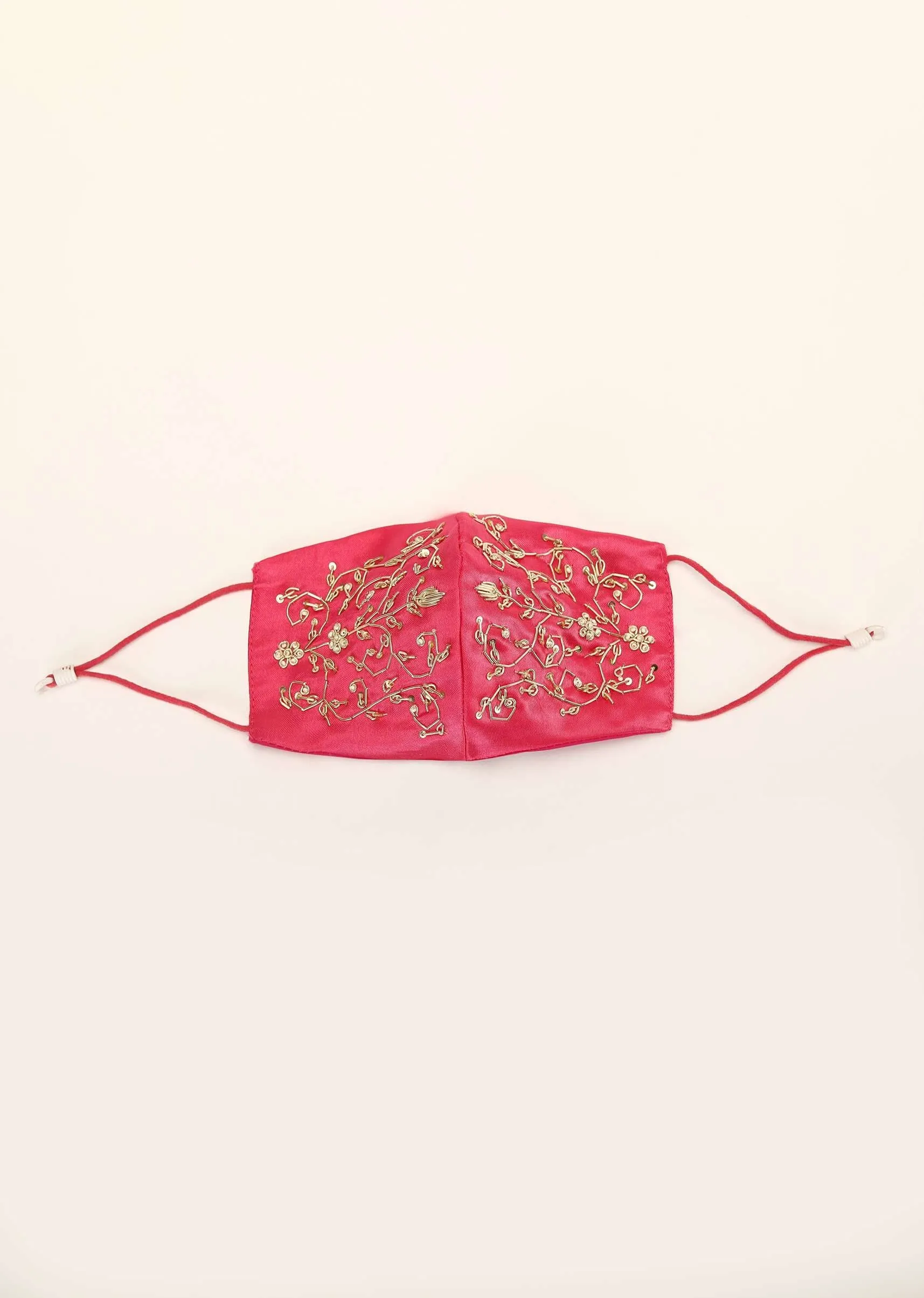 Fuchsia Pink Mask In Satin Silk With Moti And Zardosi Embroidered Design All Over